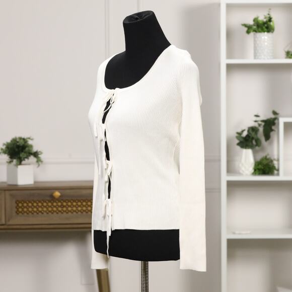 NWOT Abercrombie & Fitch Cream Ribbed Bow Front Top boho Chic Long Sleeve Size M - Picture 3 of 12